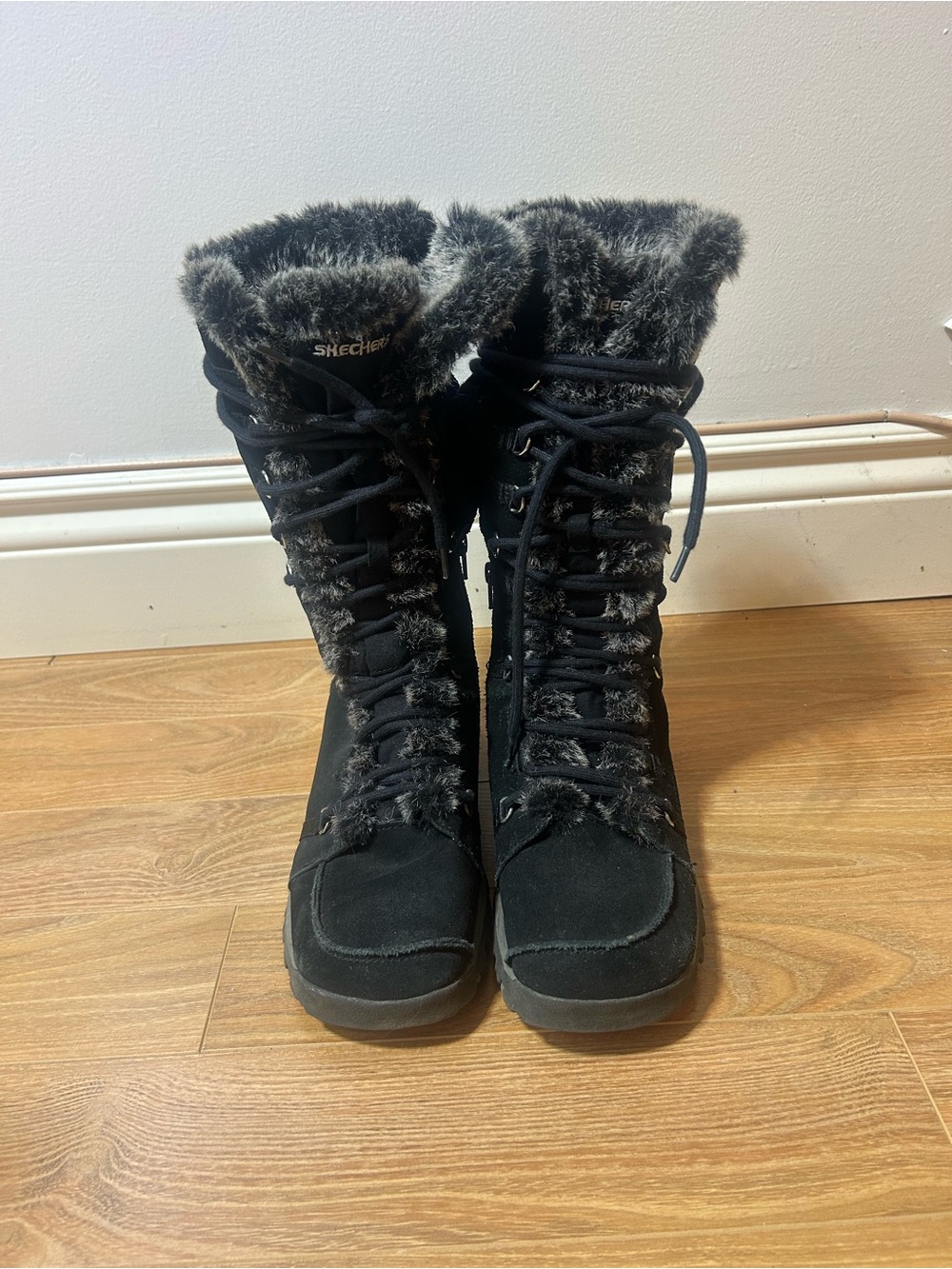 Skechers Black Suède Faux-Fur Lace-Up Tall winter Boots❤️9 - Picture 4 of 15